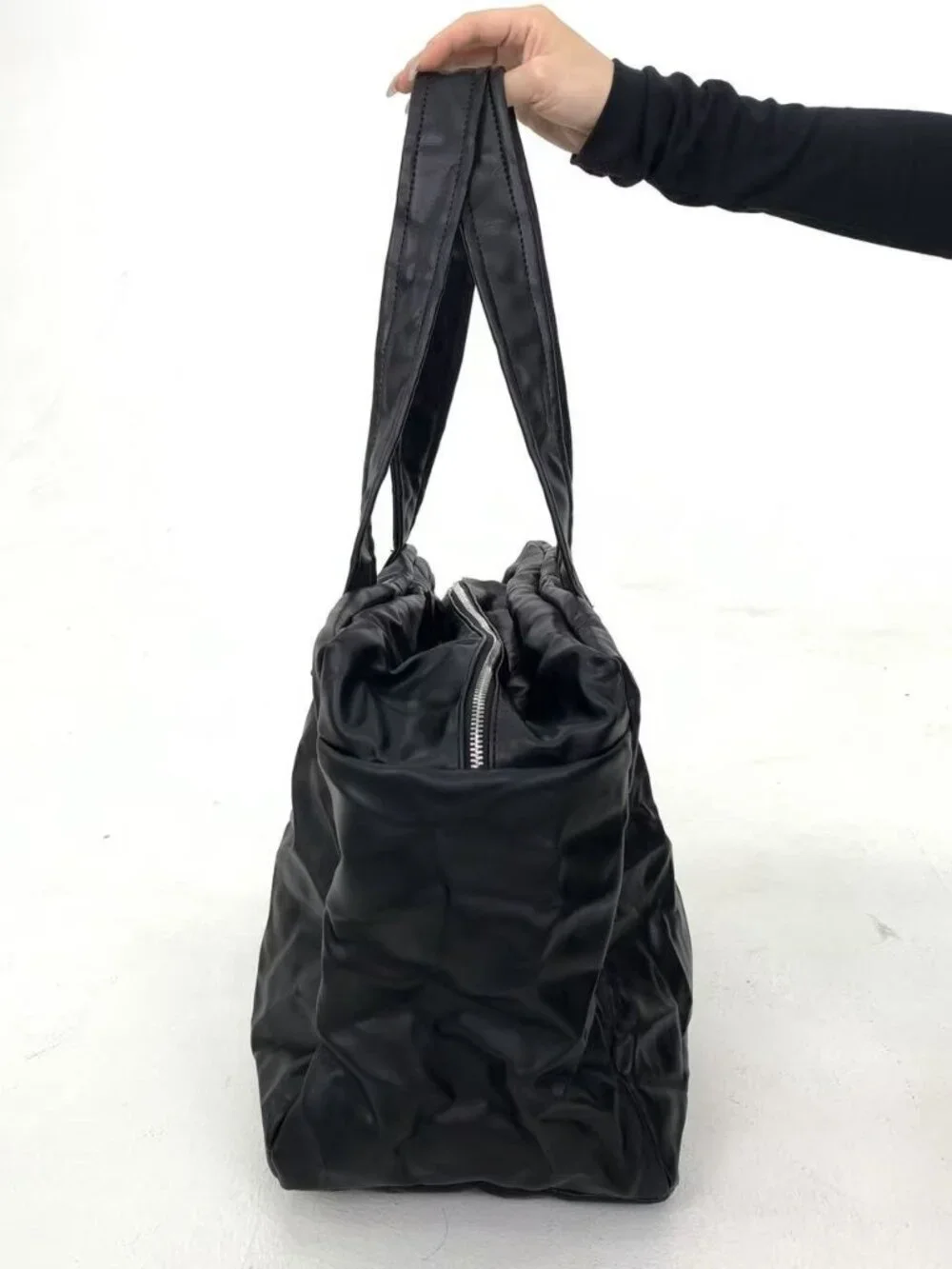 Black Crinkled Faux Leather Oversized Slouchy Tote Bag Travel